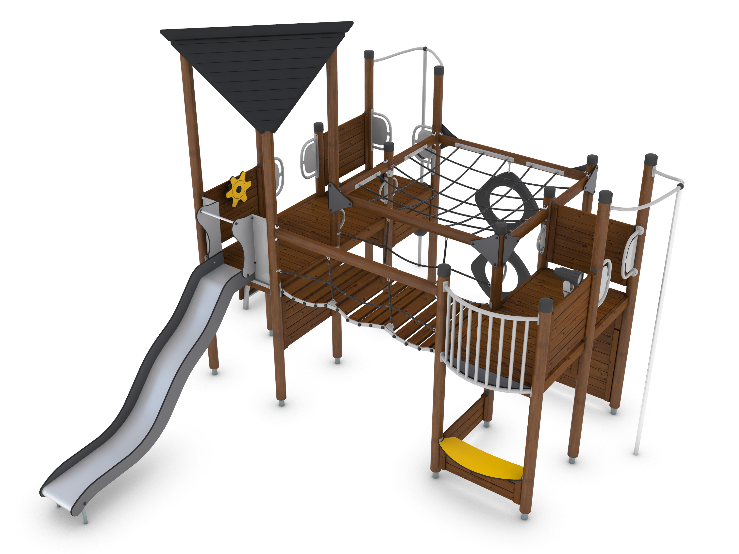Structure multi-jeux 5 à 12 ans - Uniplay Onyx - 8049295 - Hags - poteaux bois, panneaux bois, fondation à enterrer_0