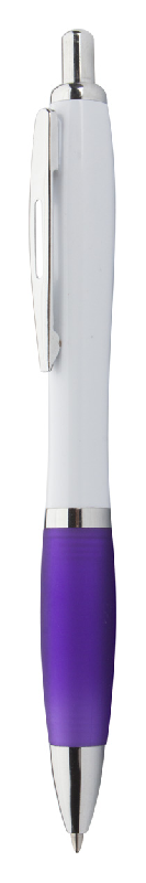 Stylo à bille en plastique - corps blanc, grip coloré violet et parties chromées brillantes - encre bleue - 11g_0