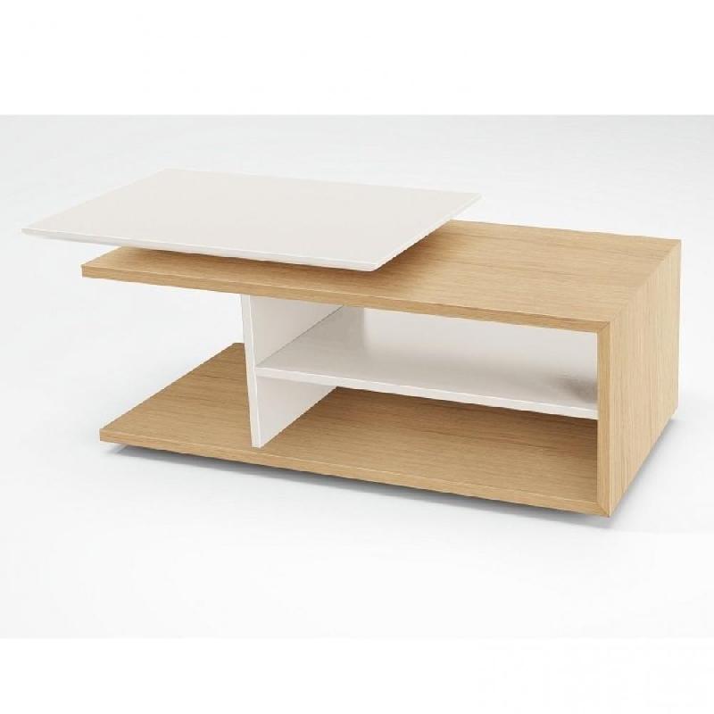 Table basse relevable ESSEN 110x65 cm - Chêne satin et intérieur laqué blanc mat - Plateau dinette ajustable_0