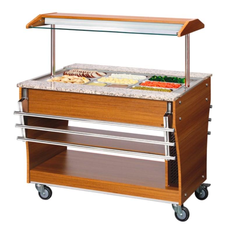 Chariot buffet chaud Bartscher - 3, 4 et 6 bacs GN 1/1 - Bois de teck et granit Rosa Porrino - Puissance 4 kW_0