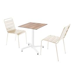 Oviala Business Ensemble table de terrasse stratifié chêne foncé et 2 chaises ivoire - Oviala - blanc métal 110659_0