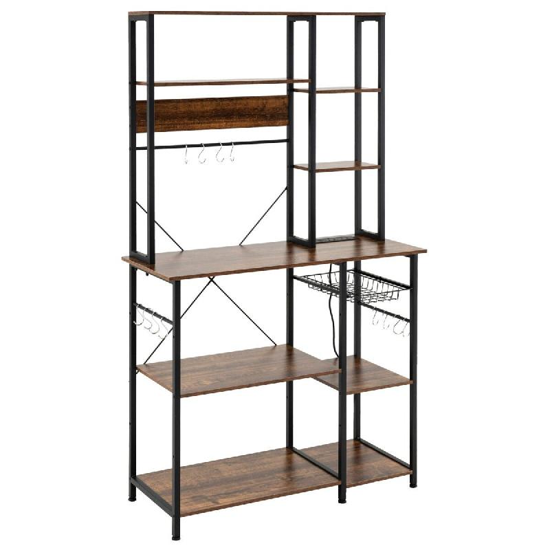 Helloshop26 - Étagère de cuisine support micro-ondes 99 x 40 x 170 cm avec prise électrique et 12 crochets style rustique en bois 20_0017228 - 3000_0