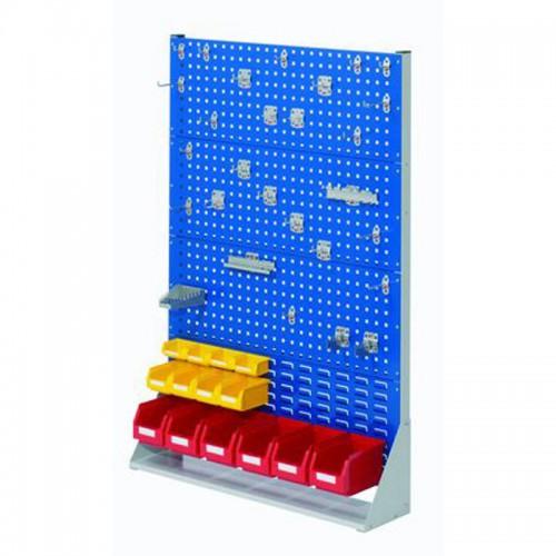 Rack de stockage fixe avec accessoires - H1450 x L1000 mm - 3 panneaux perforés + 1 panneau à fente, 28 crochets, 14 bacs à bec_0