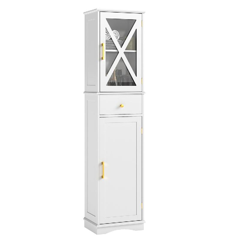 COSTWAY Armoire haute salle de bain avec étagères réglables, tiroir et 2 portes, armoire haute, blanc - blanc Bois manufacturé VH34859IT_0