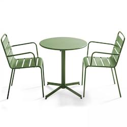 Oviala Business Ensemble table de terrasse et 2 fauteuils métal vert cactus - Oviala - vert acier 106008_0