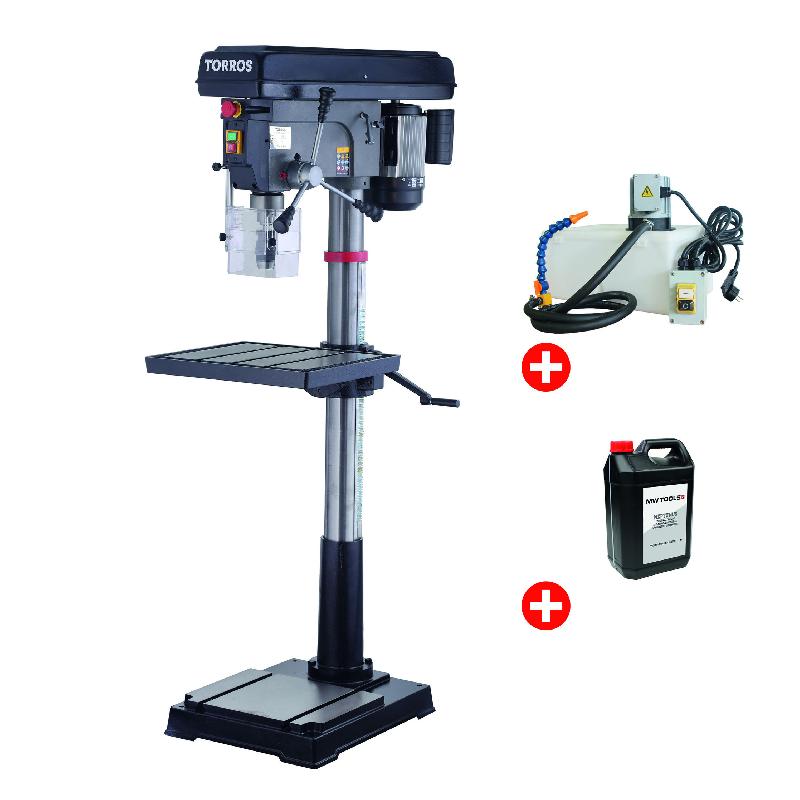 Perceuse à colonne professionnelle jusque ø 32 mm CM4 1,5 kW 230V avec système de refroidissement et bidon de 5L d'huile Torros DF34M PACK COOL_0