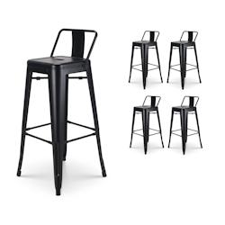Kosmi Lot de 4 tabourets de bar en métal noir mat style industriel - Avec dossier - Hauteur 76 cm - noir 3760301691211_0