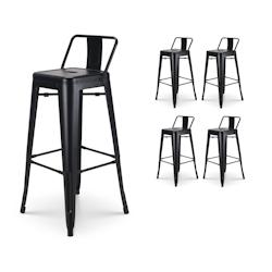 Tabouret de bar en métal noir mat avec dossier - Hauteur 76 cm  - Style Industriel x4 Kosmi - noir 3760301691211_0