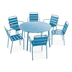 Oviala Business - Ensemble table de terrasse ronde et 6 fauteuils en acier bleu pacific - Design robuste et traitement anti-corrosion_0