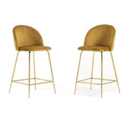 RATTATAN Lot de 2 tabourets de bar en velours avec pieds en métal,h.65cm,pour bar,restaurant et cuisine,design élégant–Sara XL–Moutarde/Or - mu_0