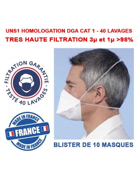 10 masques UNS1 lavables homologués DGA CAT1 - filtration FFP2 à 98% - 40 lavages - MAS9021_0