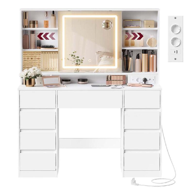 Helloshop26 - Coiffeuse avec miroir led multiprise 9 tiroirs loupe 10x rangement bijoux éclairage 3 couleurs installation des rails 12_0007990 - verr_0
