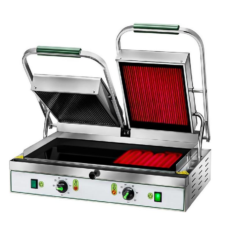Panini grill de contact vitrocéramique,plaque double, inox (Désignation: Plaque double lisse + rainurée)_0