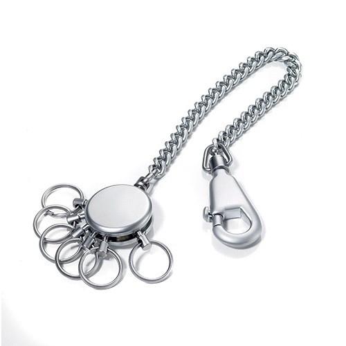 Porte-clé avec chaîne - TROÏKA - rond mat chromé avec mousqueton et 6 anneaux séparables_0