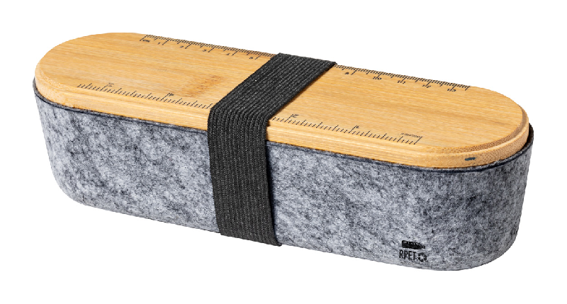 Porte-stylo en RPET - avec couvercle en bambou, sangle élastique, règle et support téléphone intégré_0