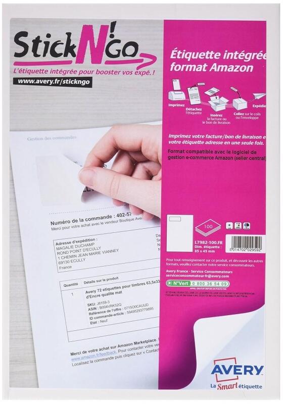 AVERY 100 étiquettes d'expédition avec reçu Stick'n Go Amazon standard, blanches, format 85 x 45 mm (100 feuilles / cdt) - 5014702029592_0