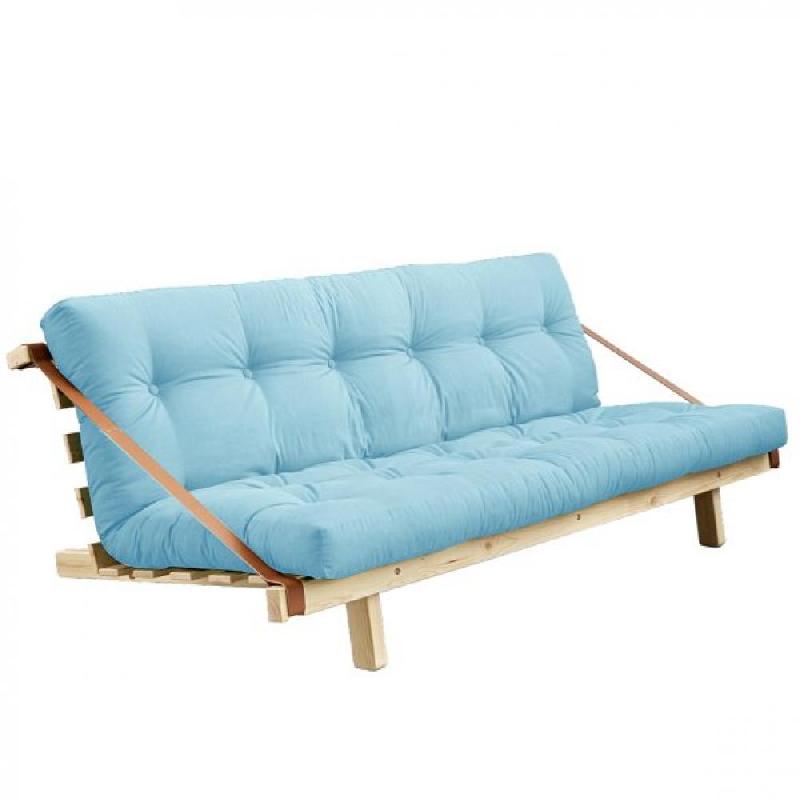 Banquette futon JUMP en pin massif - coloris bleu clair - couchage 130 x 190 cm - design minimaliste et lanières en cuir_0