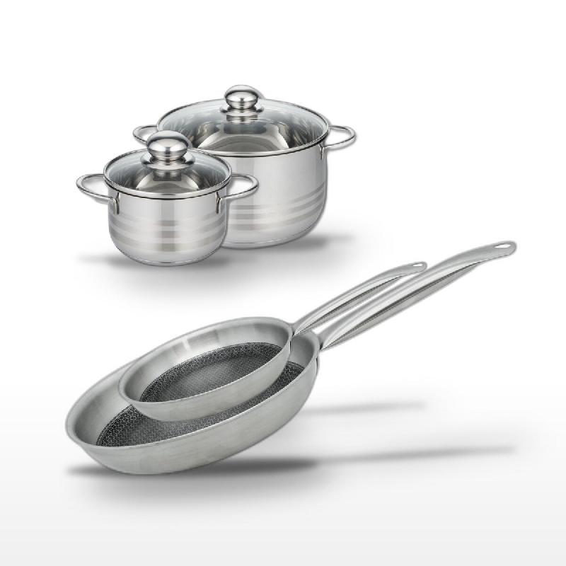 Batterie de cuisine avec 2 poêles 24/28 cm et 2 faitouts 16/24 cm en inox sans PFAS Elo Collection Relief Solution Brillant - gris 3176239941425_0