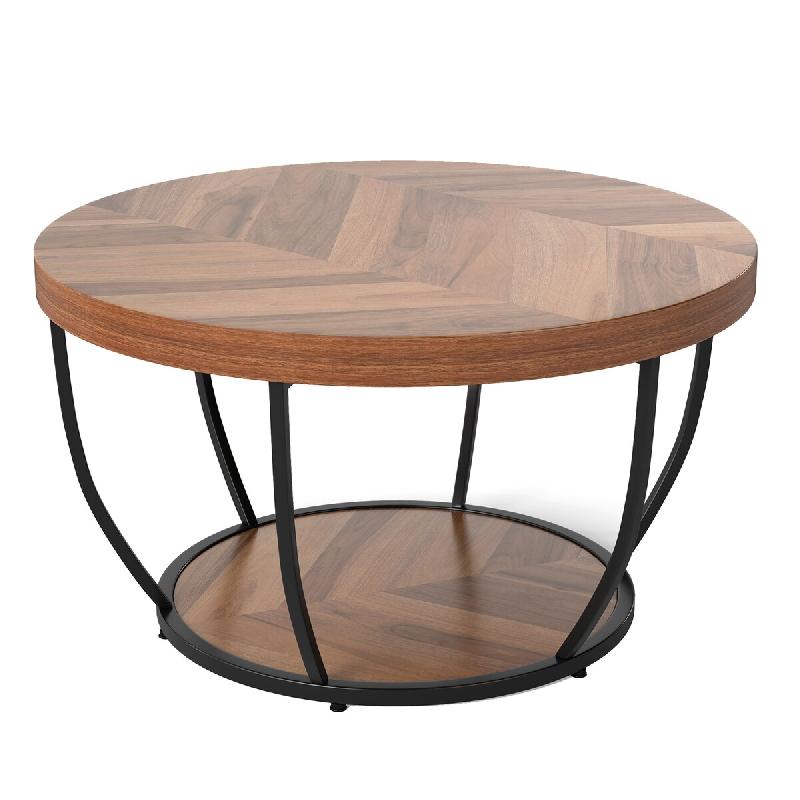 COSTWAY Table Ronde, Bois 2 Niveaux avec Cadre Métallique, pour Salon, Réception, Bureau, Ø80 cm, Naturel - marron Bois manufacturé VH34748ZM_0