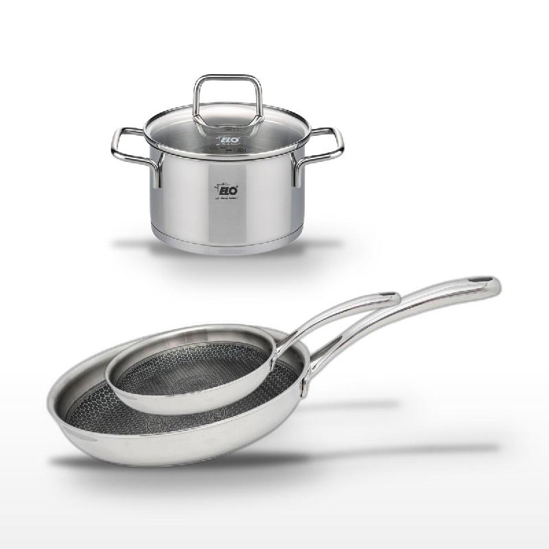 Lot Poêles 28cm & 24cm et Faitout 16cm Elo Relief Evolution - gris inox 3176239954357_0