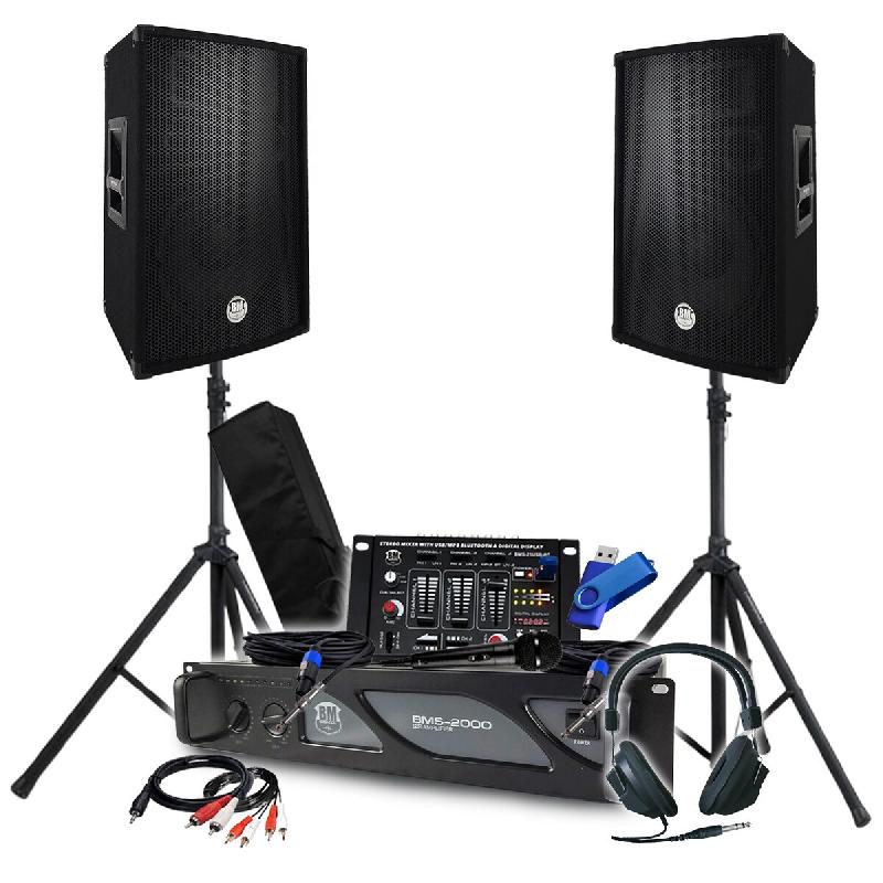 Pack Sono BM SONIC Ampli 2000W, Paire d'Enceintes Passives 2x700W, Table de Mix, Pieds, Casque DJ, Câbles et Micro+Clé 32G - 3666638036070_0