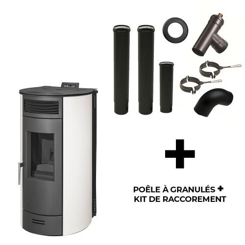 POÊLE À GRANULÉS AIR FLAVIA - 13 KW - BLANC + KIT DE RACCORDEMENT FUMISTERIE SANNOVER