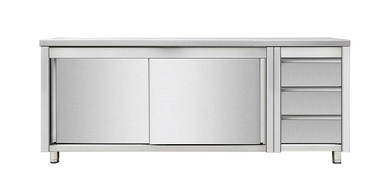 Skyrainbow Armoire de travail avec portes coulissantes et bloc de tiroirs à droite, 1600 x 700 - inox THASR167R3_0