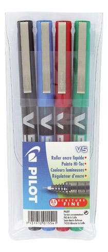 STYLO ROLLER PILOT HI-TECPOINT V5 ÉCRITURE FINE. POCHETTE DE 4 COULEURS CLASSIQUES