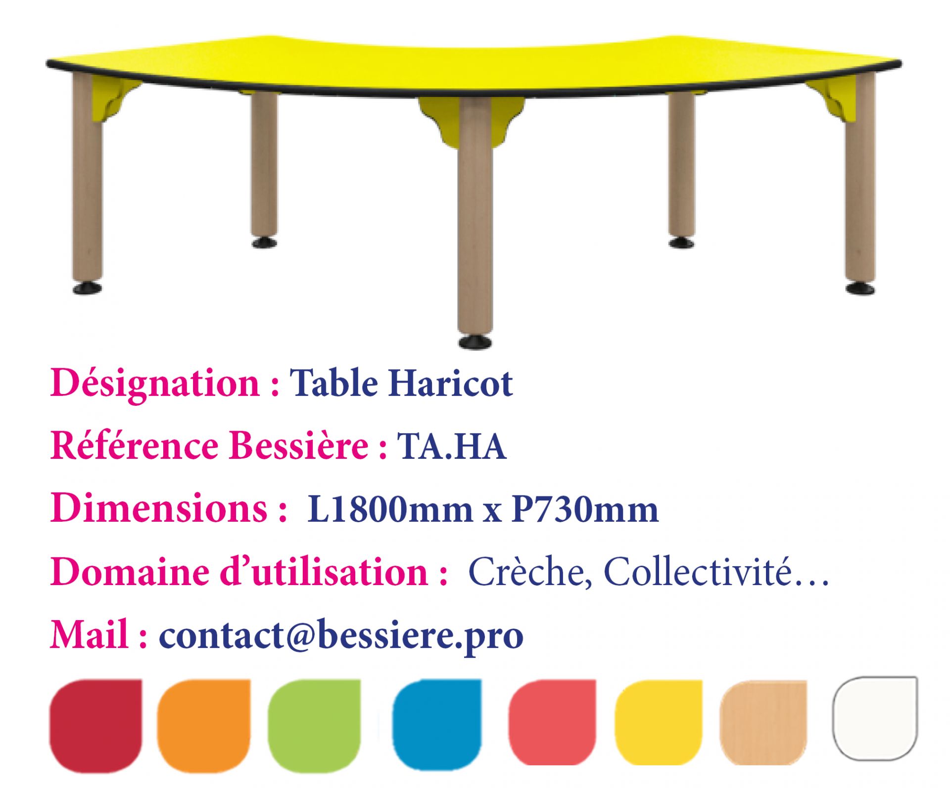 Table haricot pour enfant - Piètements en hêtre massif - Plateau stratifié compact facile d'entretien - Dimensions L 1800 mm x P 730 mm_0