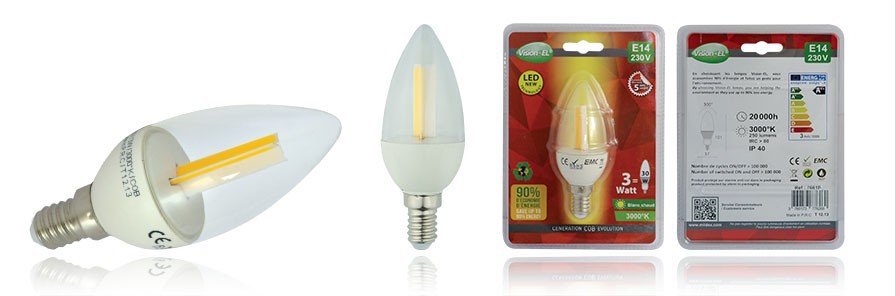AMPOULE LED E14 3W 3000K À  FILAMENT FLAMME COB VISION-EL 7661B