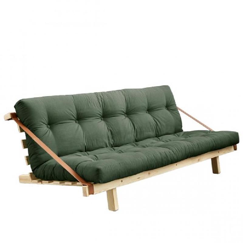 Banquette futon JUMP en pin massif - Coloris vert olive - Couchage 130x190 cm - Design scandinave avec lanières en cuir_0