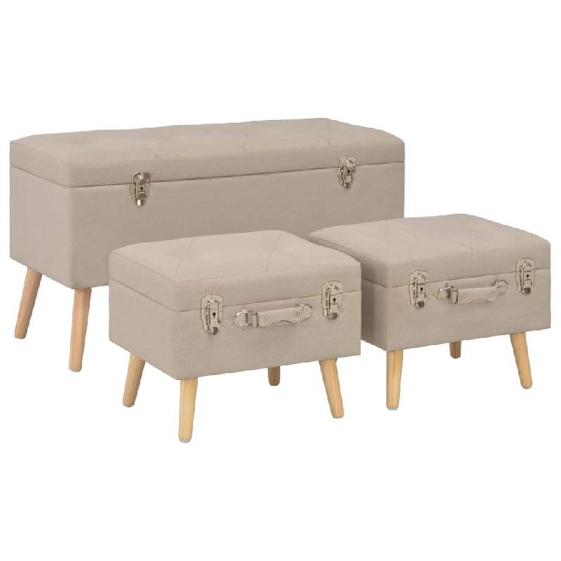Banquette pouf tabouret - meuble de rangement 3 pièces beige en tissu avec pieds en bois - modèle 3002089_0