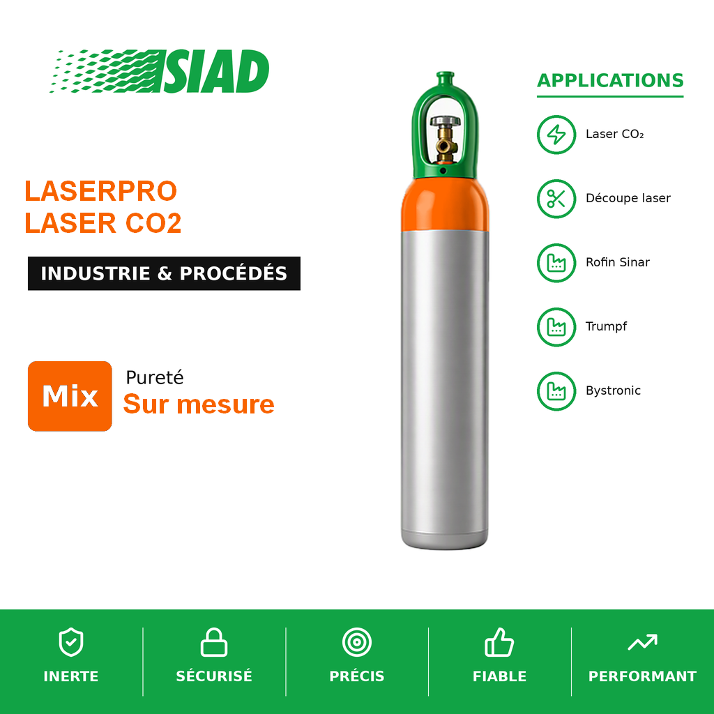 Mélanges laser SIAD - LASERPRO pour alimentation laser CO2 (CO2/He/N2) pour Rofin Sinar - bouteilles B50, B20 et B10_1