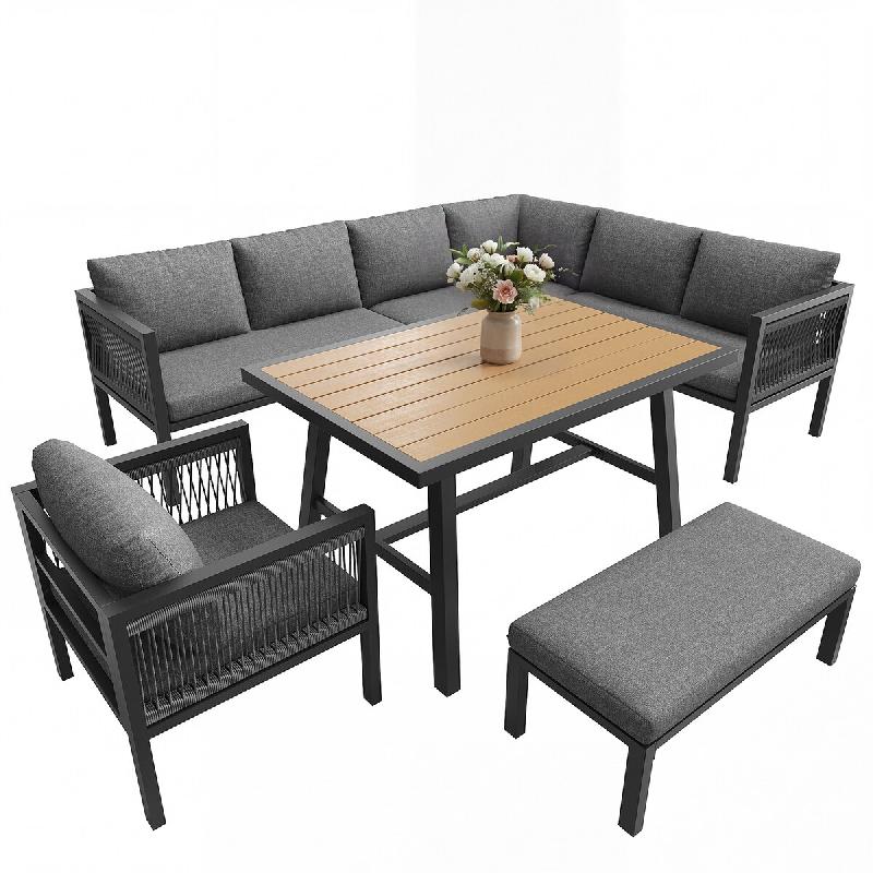 Merax ensemble repas de jardin, 6-pièces, tressage corde, gris - gris multi-matériau HW26040AAG_0