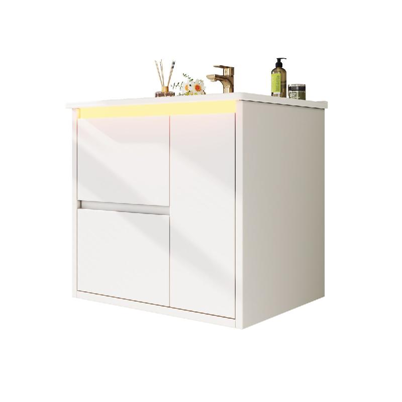 Merax meuble vasque mural 61x46.5x57 cm, meuble blanc avec vasque céramique, lumière LED à capteur, 2 tiroirs et Soft-Close - blanc multi-matériau_0
