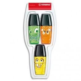 STABILO COQUE DE 3 SURLIGNEURS MINI EYE VERT, ORANGE, JAUNE