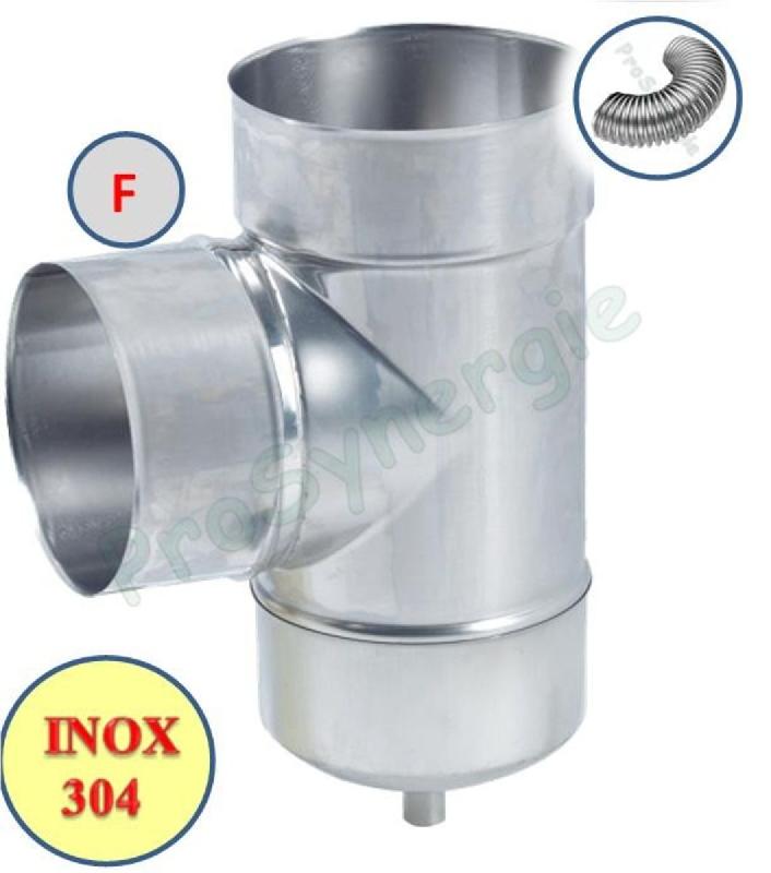 TÉ DE TUBAGE Ø 155/161 MM - PIQUAGE FEMELLE - INOX EQ 304 + PURGE