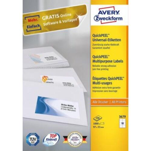 AVERY 1000 étiquettes multi-usages blanches, format 97 x 55 mm (100 feuilles A4 / cdt - 4008705036795_0
