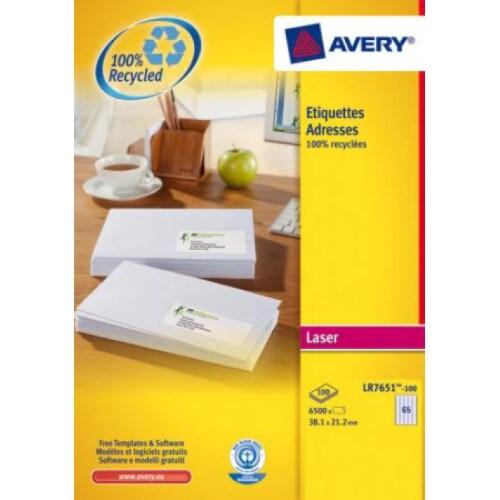 AVERY 6500 étiquettes recyclées Laser blanches, format 38,1 x 21,2 mm (100 feuilles A4 / cdt) - 5014702015892_0