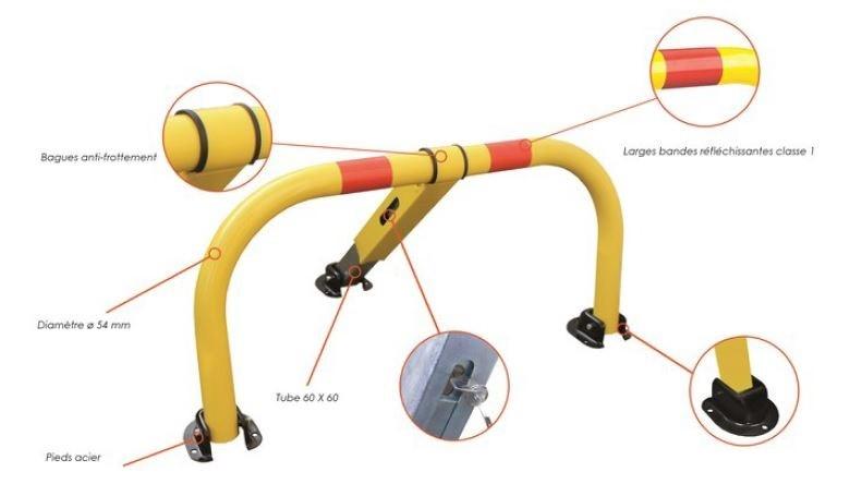 Bloc parking haute visibilité - Arceau anti-stationnement en acier zingué finition époxy jaune - Tubes Ø54 mm avec bandes réfléchissantes_0