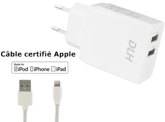 Chargeur secteur 2 ports USB 12W avec cable Apple lightning MFI pour iPhone et iPad_0