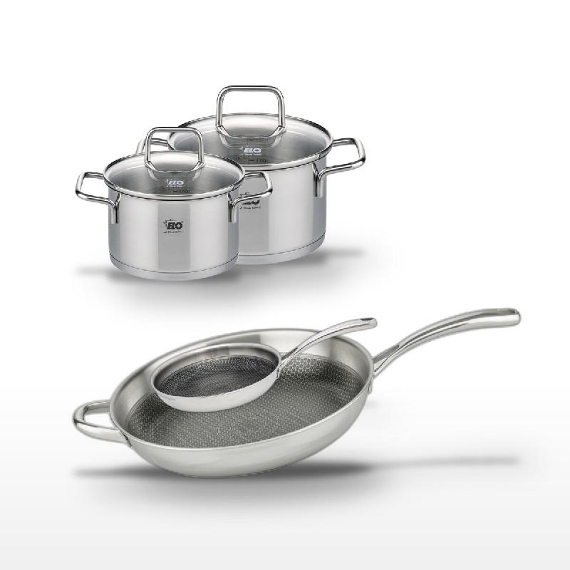 Lot Poêles 32cm & 24cm Elo Relief Evolution avec 2 Faitouts - gris inox 3176239957105_0