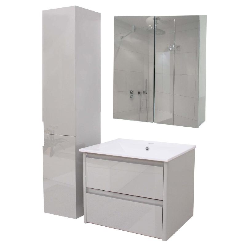 Mendler Ensemble pour salle de bains HWC-B19b, lavabo armoire de toilette armoire murale, finition brillante certifiée MVG ~ gris - gris Bois massif_0