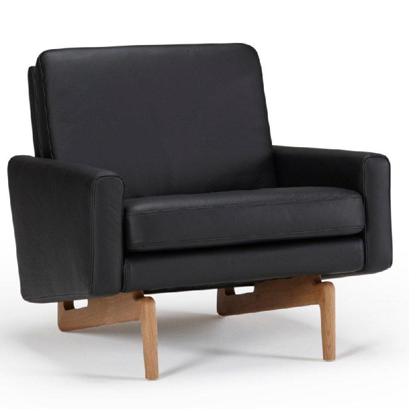 FAUTEUIL DESIGN SCANDINAVE EGSMARK PIÉTEMENT EN CHÊNE CUIR NOIR_0