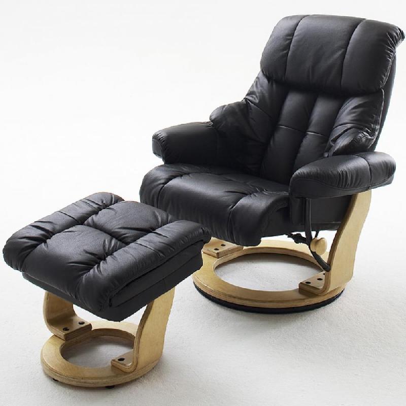 Fauteuil relax Clairac - cuir noir, pied en bois naturel avec repose-pied - inclinable 135° et pivotant 360°_0
