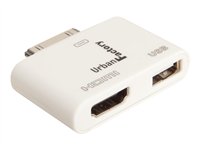 URBAN FACTORY HDMI ADAPTER - ADAPTATEUR POUR IPAD/IPHONE/AUDIO IPOD/VIDÉO/CHARGE/DONNÉES - HDMI / USB - USB À 4 BROCHES, TYPE A, HDMI 19 BROCHES (F) - CONNECTEUR D'AMARRAGE APPLE (M) - POUR APPLE IPAD 1, 2