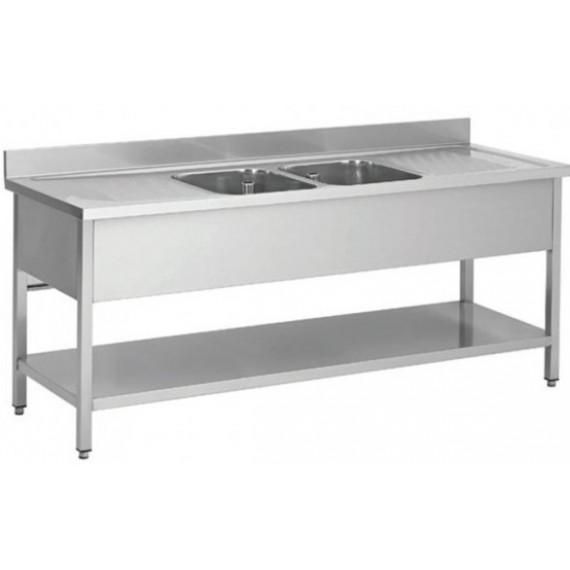 Plonge inox 200x60x95 cm - 2 bacs avec 2 égouttoirs - structure en acier inoxydable_0