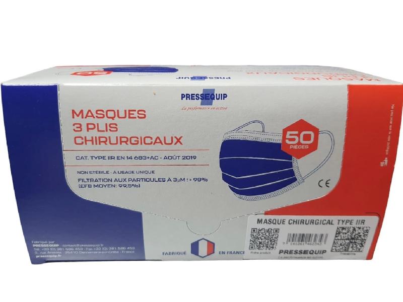 50 Masques adultes médicaux CE jetables type 2R - bleu ou noir, Fabriqués en France - MSK3PBL-PE01_0