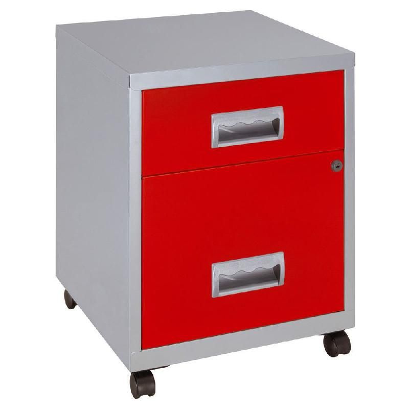 CAISSON MOBILE PRATIC - 2 TIROIRS - ALUMINIUM - TIROIRS ROUGE