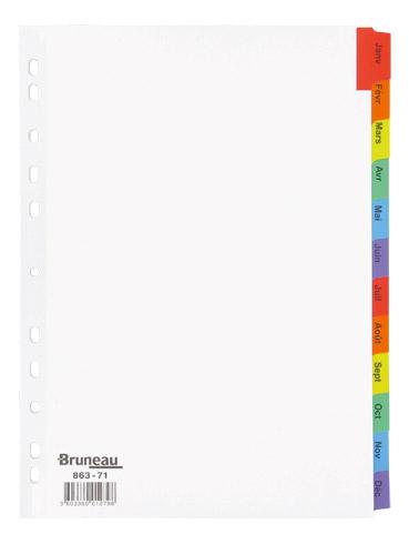 LOT DE 2 - INTERCALAIRE A4 CARTE BRISTOL BLANCHE BRUNEAU 12 ONGLETS MENSUELS MULTICOLORES - 1 JEU
